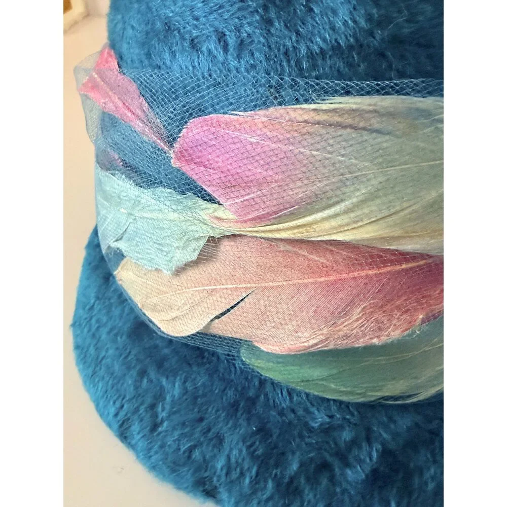 Vintage Christian Dior Chapeaux Turquoise Cloche Hat | Feather Trim Designer Ha